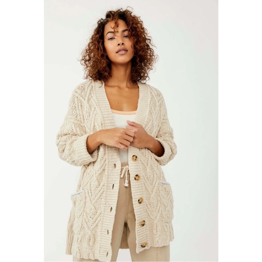 Free People Cream Chunky Cable Knit Cardigan